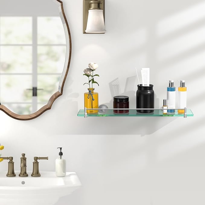 20 Inches Glass Shelves for Bathroom, Brushed Nickel Floating Glass Shelf - Image 2
