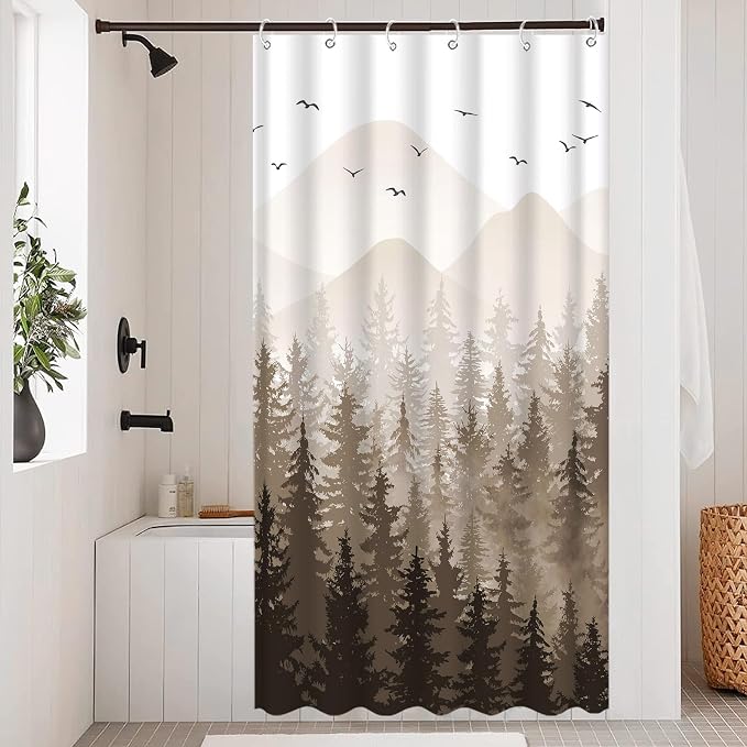 Aipon Brown Misty Forest Shower Curtain Ombre Nature Tree Plants Shower - Image 2