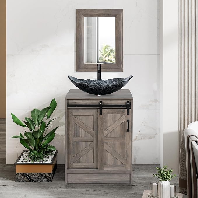 24-inch Barn Door Bathroom Vanity, Farmhouse Style Standing Pedestal Cabinet by Solidee