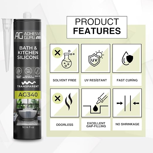 Adhesive Guru AG340 Clear Silicone Sealant, 100% Silicone Caulk, Weatherproof & - Image 2