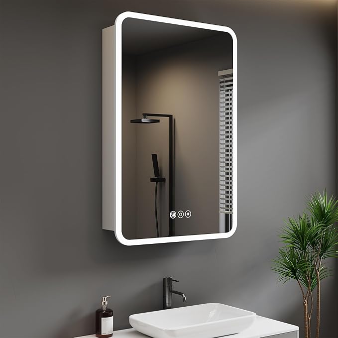 Medicine Cabinet with LED Lights and Mirror, 16 x 24 Inch Surface or Recessed by HBEZON