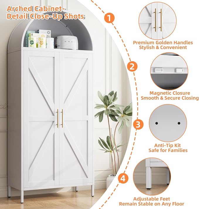 Farmhouse Kitchen Pantry Cabinet, 73in Tall Arched Storage Cabinet - Image 3