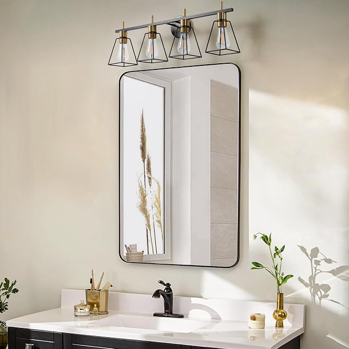 Industrial Bathroom Vanity Lights: 4 Light Black and Gold Vintage Metal Cage - Image 6