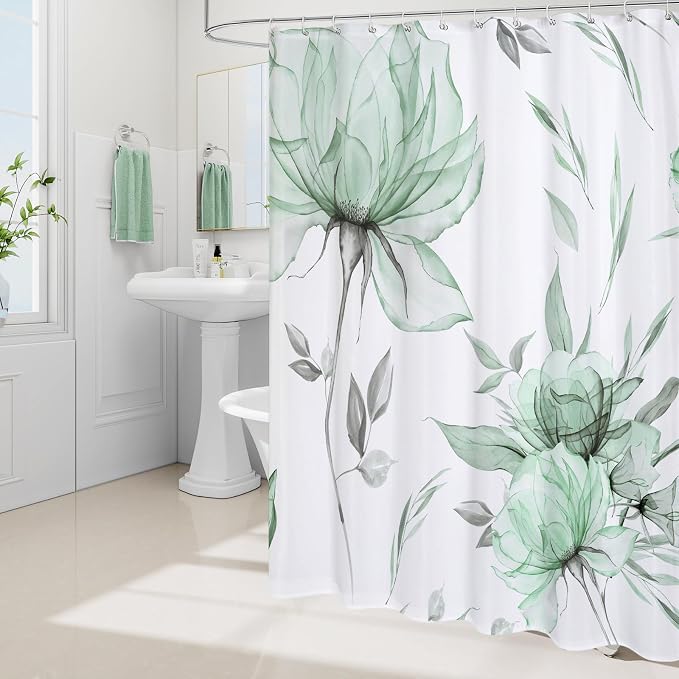 Green and Grey Boho Watercolor Floral Shower Curtain, Ink Painting Style - Image 2