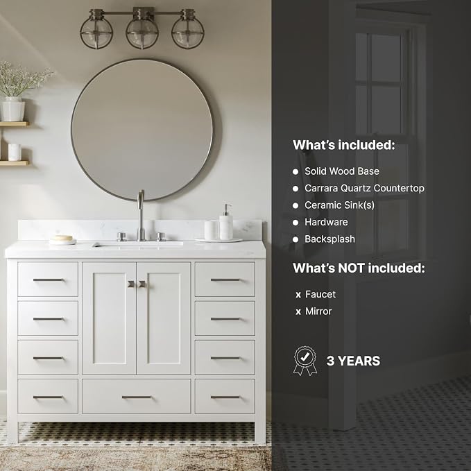 ARIEL Cambridge 48" White Bathroom Vanity, 1.5" Edge Carrara White Quartz - Image 9