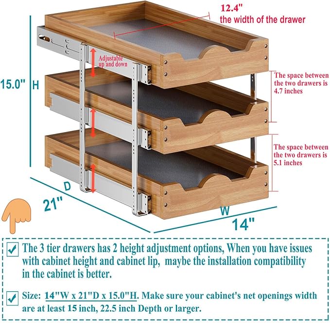 OCG Pull Out Drawer 14" W x 21" D, 3 Tier Pull Out Cabinet Organizer, - Image 3