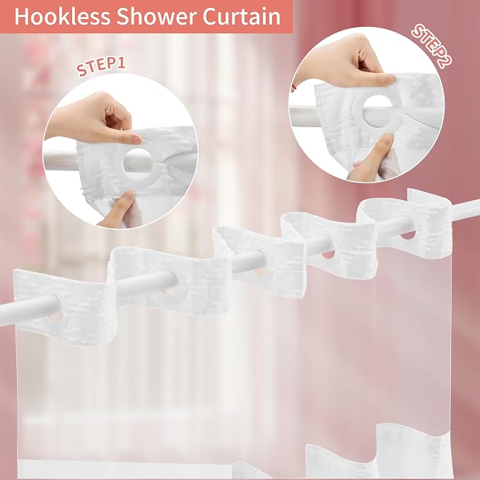 Hookless Shower Curtain with Snap in Liner 71" x 86" Double-Layer Waterproof - Image 2