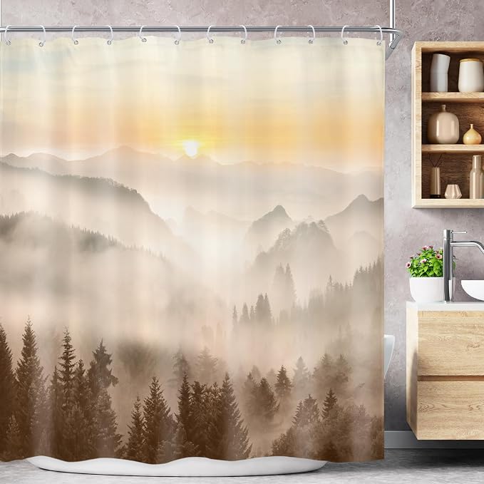 Riyidecor Misty Mountain Shower Curtain 72Wx72H Inch Brown Sunrise Nature by Riyidecor