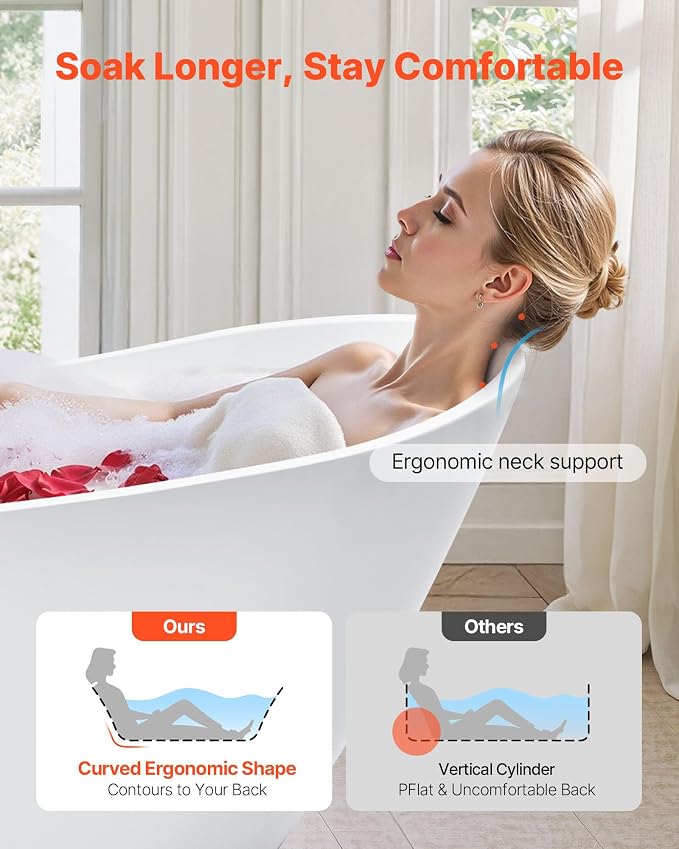 VEVOR Acrylic Freestanding Bathtub, 67 Inch Contemporary Soaking White Tub - Image 3