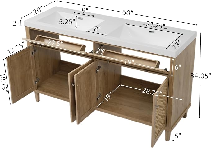 60" Bathroom Vanity with SMC Double Sink, Modern Large Storage Space with 2 - Image 2