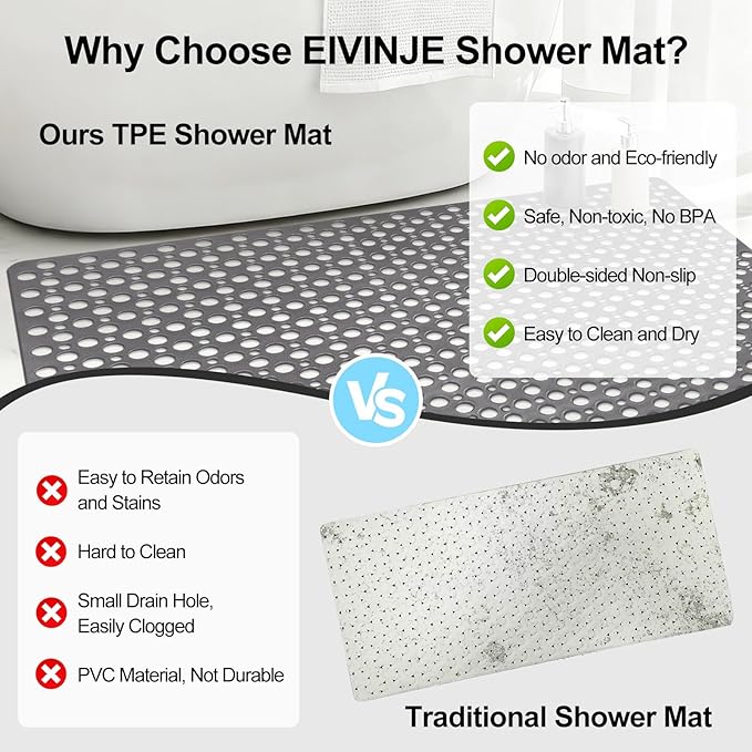 Anti Slip Shower Mat with Suction Cups, 31.5x47.2 Inch Quick Drain TPE Non Slip - Image 6