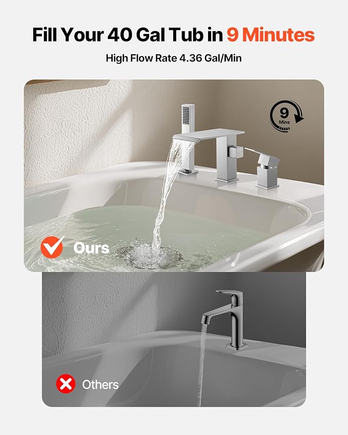 VEVOR Roman Tub Faucet, 3 Hole Waterfall Bathtub Faucet, Roman Bathtub Faucets - Image 2