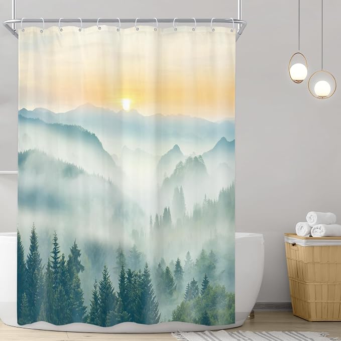 Riyidecor Small Stall Mountain Shower Curtain 48Wx72H Inch Rv Narrow Green - Image 2