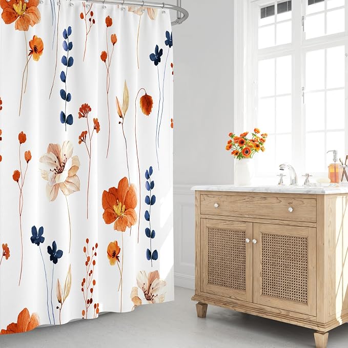 Gibelle Watercolor Floral Shower Curtain, Retro Orange Navy Flower Shower - Image 2