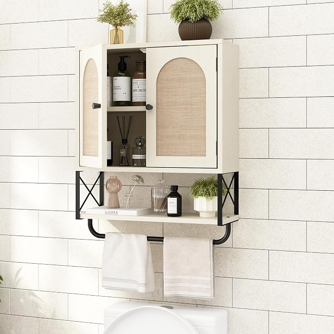 RUSTOWN Rattan Bathroom Wall Cabinet, Boho Over The Toilet Storage Cabinet - Image 4