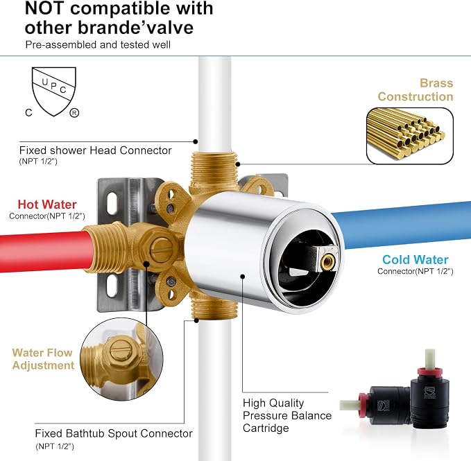 KENES Chrome Tub and Shower Trim Kit, Square Tub Shower Faucet Set Complete - Image 7