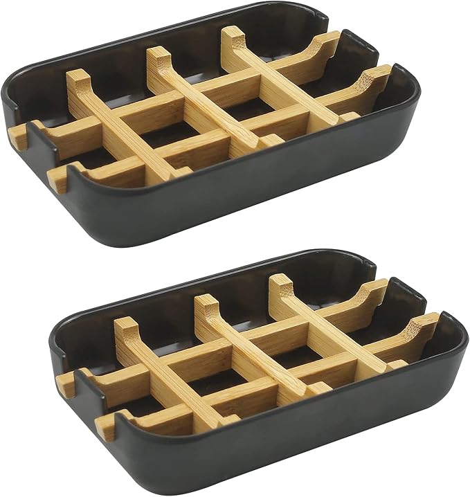 2 Pack Bamboo Soap Dish, Self-Draining Hand Soap Box, Wooden Bamboo Bar Soap by HengLiSam