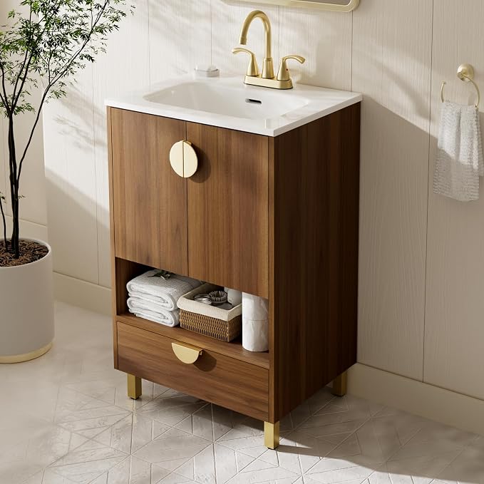 phiestina Walnut 24 Inch Bathroom Vanity, Fully Pre-Assembled Freestanding - Image 2