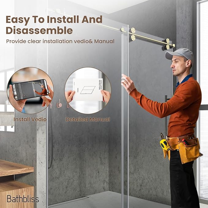 Bathbliss Glass Shower Door 44"-48" Wx60 H, Frameless Sliding Glass Door - Image 5