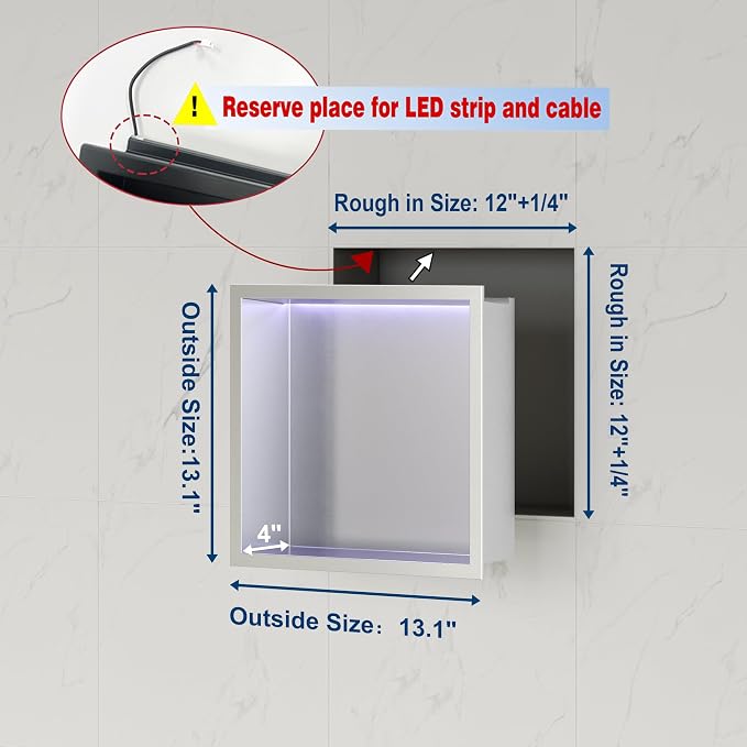 12X12 RGB Shower Niche, Brushed Nickel Stainless Steel LED Wall Niche, No Tile - Image 3