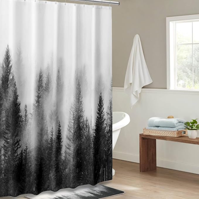 ORTIGIA Black and White Misty Forest Shower Curtain - Image 8