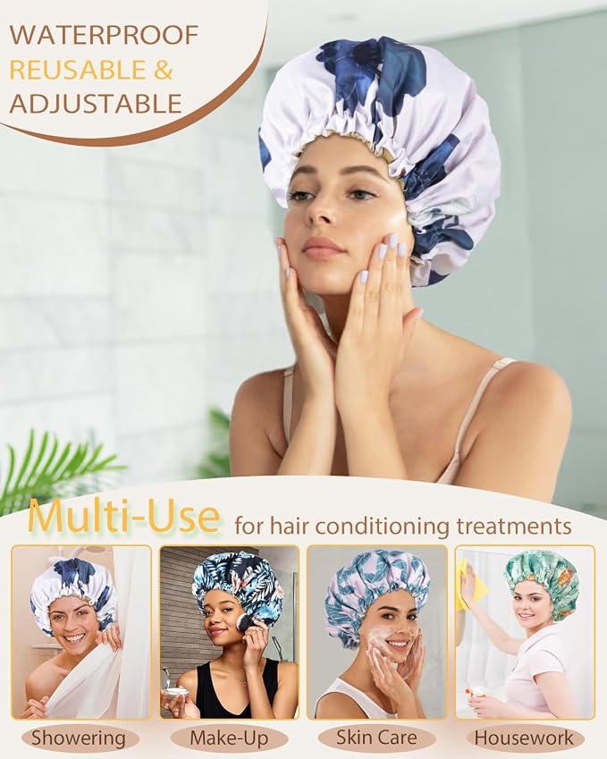 Large Shower Caps for Women Reusable Waterproof Satin Lined Shower Cap - Image 4