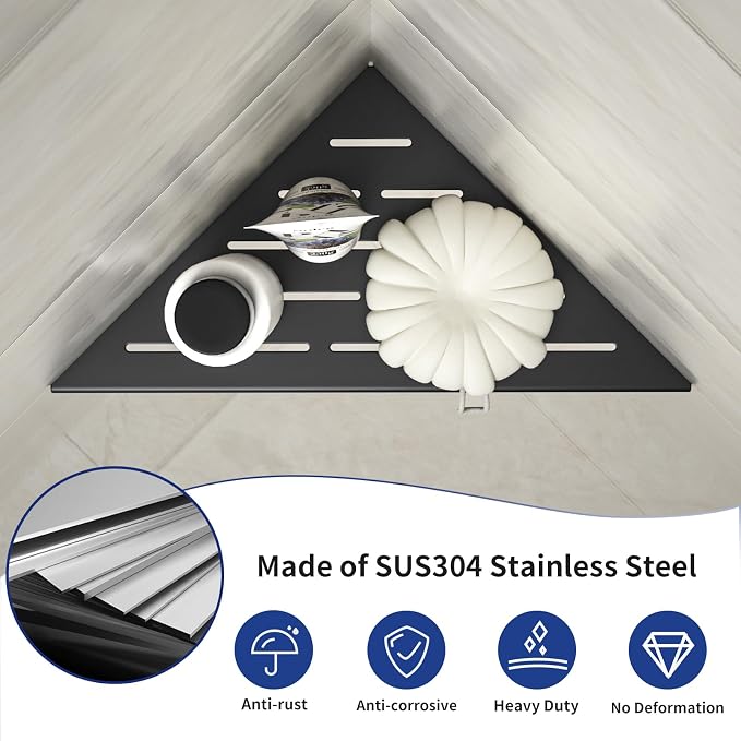 Corner Shower Shelf 10" Matte Black 304 Stainless Steel Slot Design Recessed - Image 5