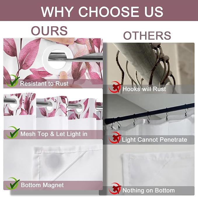 No Hook Shower Curtain and Liner Set, Dark Red Eucalyptus Floral Shower Curtains - Image 6