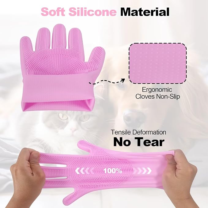 2-in-1 Pet Grooming Gloves and Brush, Dog and Cat Bath Scrubber Silicone Gloves - Image 6