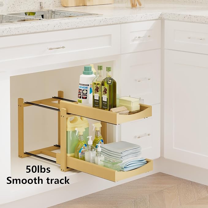 Bamboo Under Sink Organizer Adjustable Height 2 Tier Bathroom Organizer Pull - Image 3