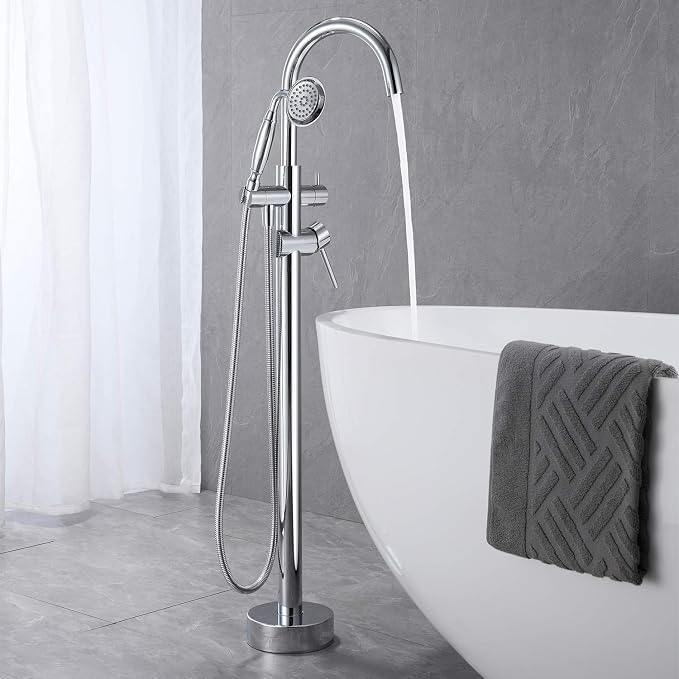 Tub Filler Freestanding Bathtub Faucet Chrome Floor Mounted Brass Bathroom Tub - Image 3