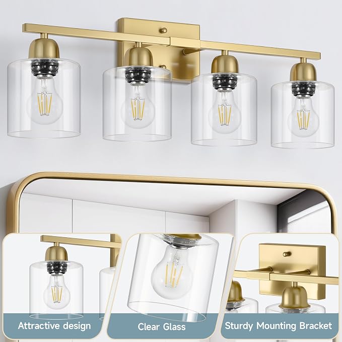 Modern Brushed Gold 4 Light Bathroom Light Fixtures, 24 inch Vanity Lights - Image 3