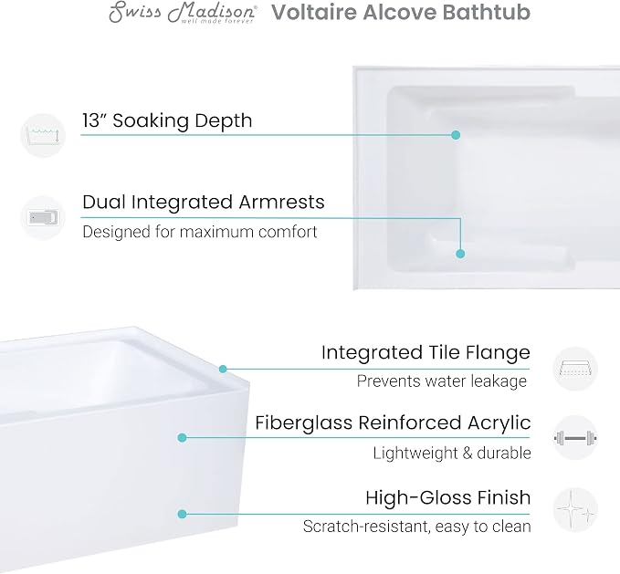Swiss Madison Well Made Forever SM-AB540 Voltaire Alcove Tub - Image 6