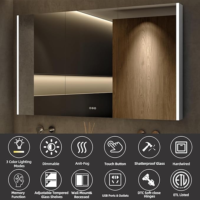 Medicine Cabinet with LED Lights and Mirror, 54 x 32 Inch Surface or Recessed - Image 3