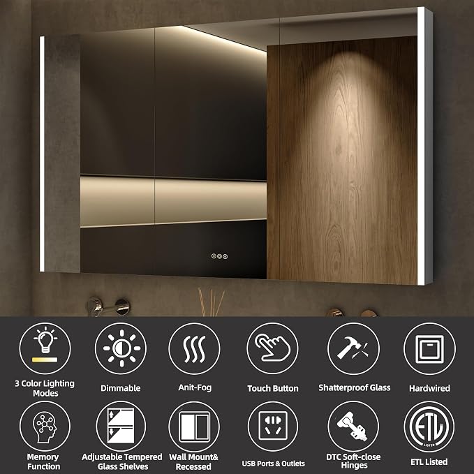 Medicine Cabinet with LED Lights and Mirror, 60 x 32 Inch Surface or Recessed - Image 3