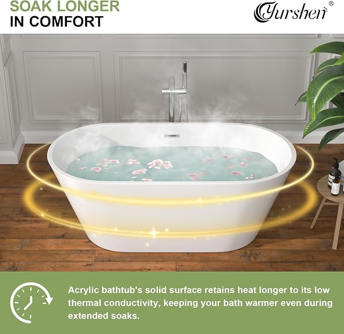 59" Freestanding Acrylic Bathtub White Roll Top Soaking Tub - Image 6