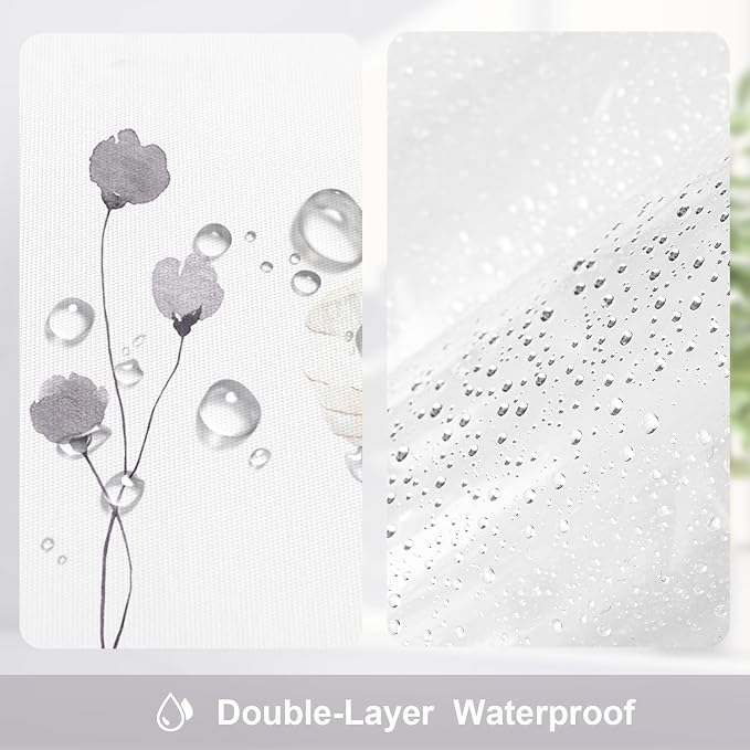 Gibelle 3 in 1 Shower Curtain Set, Charcoal Grey Watercolor Floral Bath Curtain - Image 4