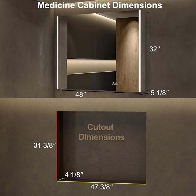 Medicine Cabinet with LED Lights and Mirror, 48 x 32 Inch Surface or Recessed - Image 2