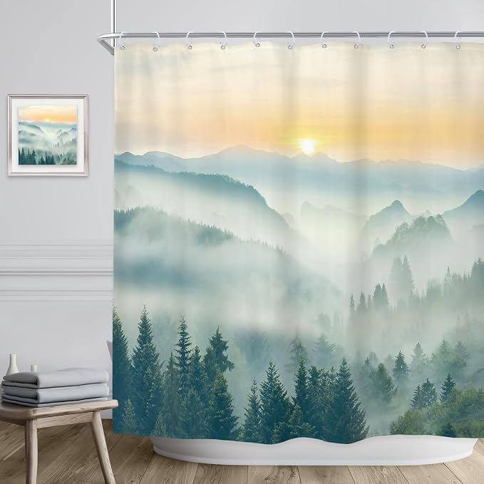 Riyidecor Extra Long Mountain Shower Curtain 72Wx78H Inch Green Yellow Sunset - Image 3