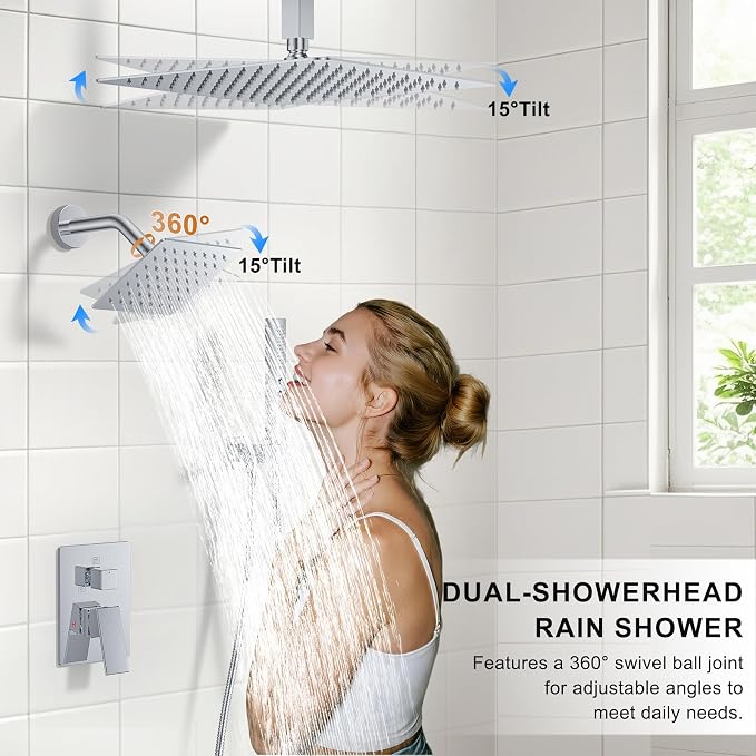 Chrome Shower Faucet Set, Ceiling Mount Shower System 12" & 6" Dual Shower Head - Image 3