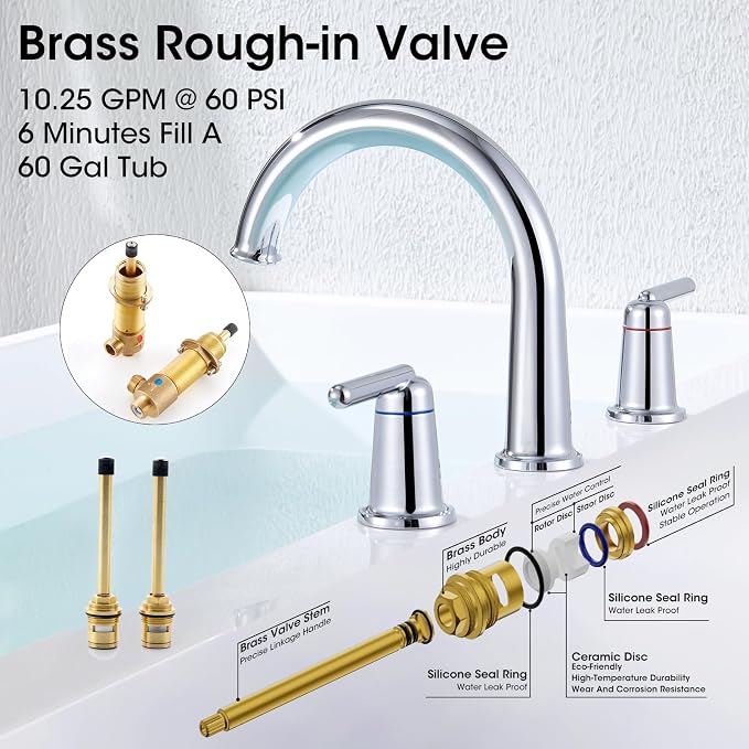 Roman Bathtub Faucet with Rough-in Valve 3 Hole Widespread Deck Mount Bath - Image 5