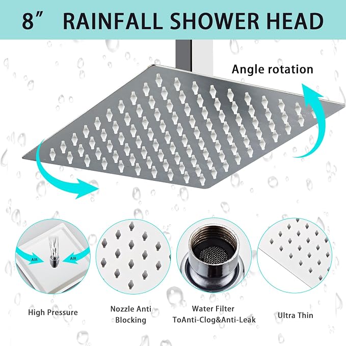 8 Inch Shower Faucet Set Ceiling Mount, High Pressure Rainfall Shower System - Image 2