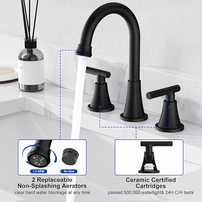 Bathroom Faucets for Sink 3 Hole, Hurran Matte Black Bathroom Sink Faucet - Image 4