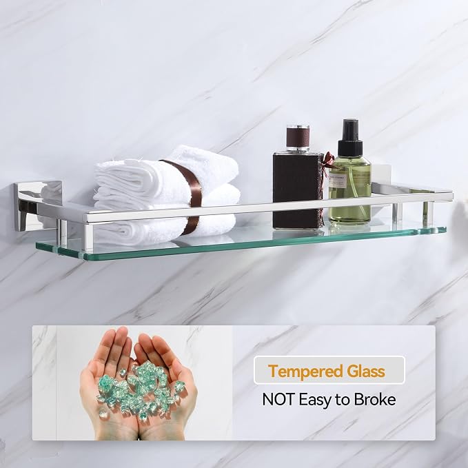 LANC Chrome Bathroom Shelf Glass Shelves 20-Inch Floating Tempered Glass Shelf - Image 5