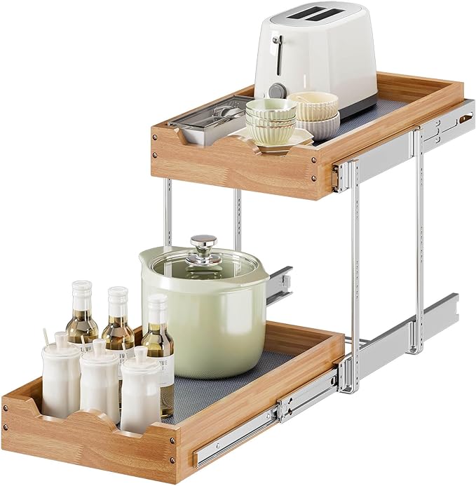 OCG Pull Out Drawers For Cabinets 14"W x 21"D, 2 Tier Heavy-Duty Slide out Wood - Image 5