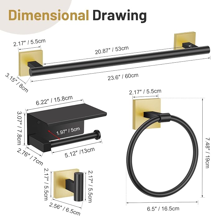 5-Piece Black Gold Bathroom Hardware Set, SUS304 Stainless Steel Bathroom - Image 6