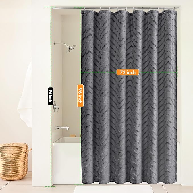 Extra Long Grey Boho Shower Curtain 96 Inch Grey Tufted Chevron Striped Fabric - Image 2