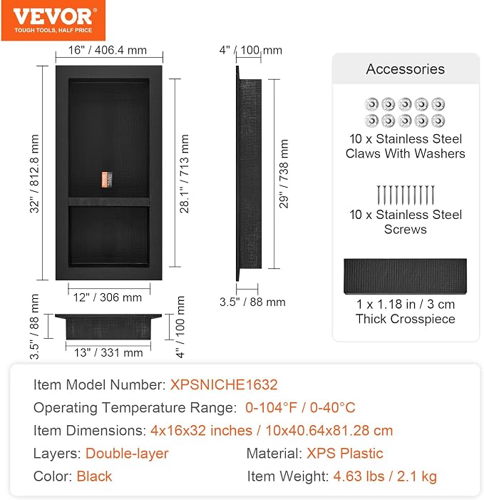 VEVOR Shower Niche Insert Tile Ready 16" x 32", Double Shelf Niche - Image 8