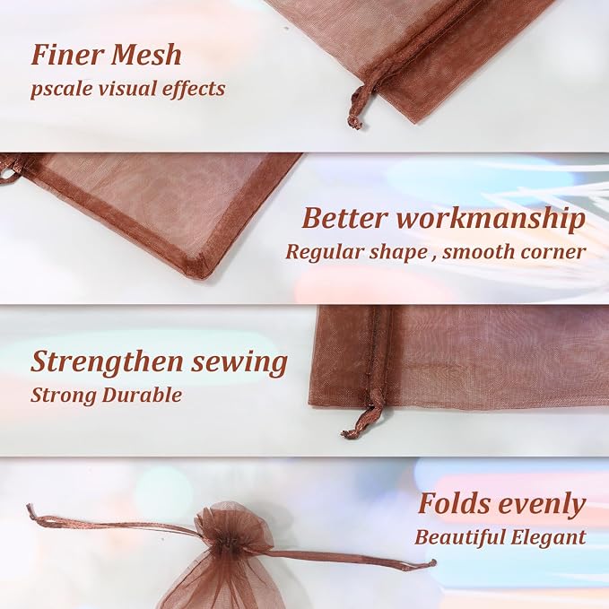Hopttreely 100PCS Sheer Organza Bags, 4x4.72 Brown Satin Drawstring Organza - Image 3