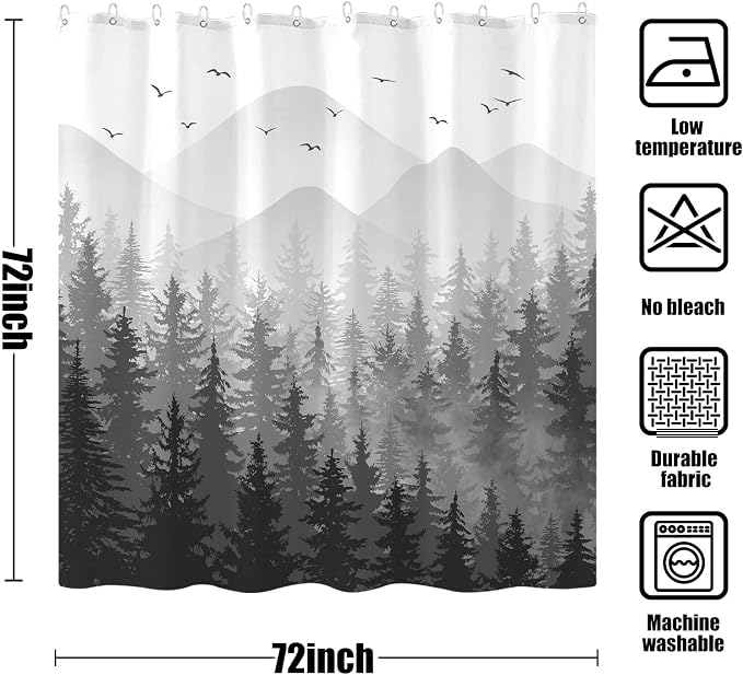 Aipon Black Misty Forest Shower Curtain Gray Ombre Nature Tree Plants Shower - Image 7